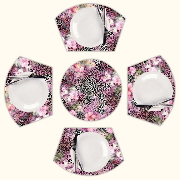 Pink flowers leopard print Round Table Placemats Set Of 5 Wedge Table Mats Washable Heat Resistant Place Mat For Dining Table Kitchen Farmhouse Restaurant