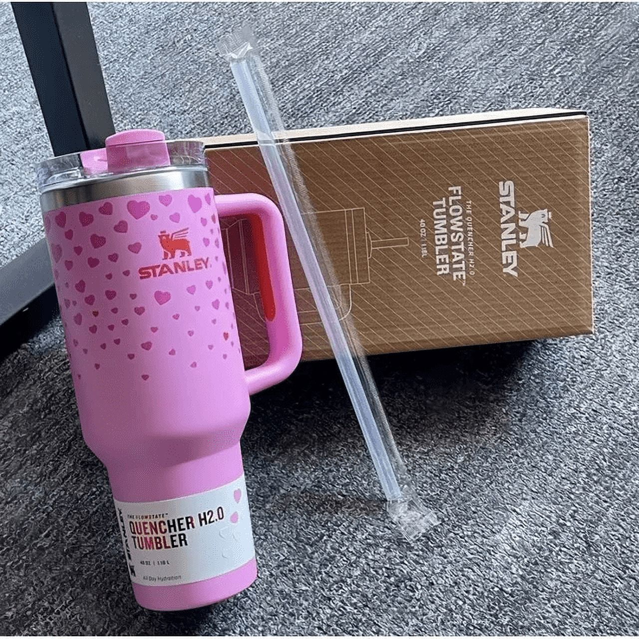 Pink full cup heart, 40 ounce insulated stainless steel cup, with straw ...