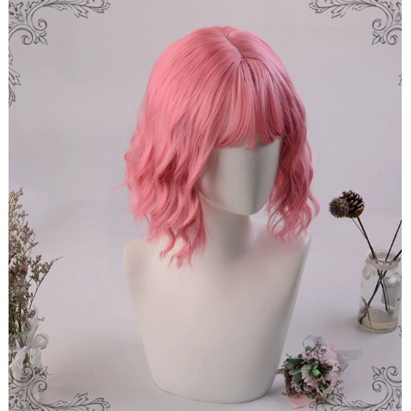 Pink full head wig, short hair, fluffy COS style, simulated scalp, ladies party dress