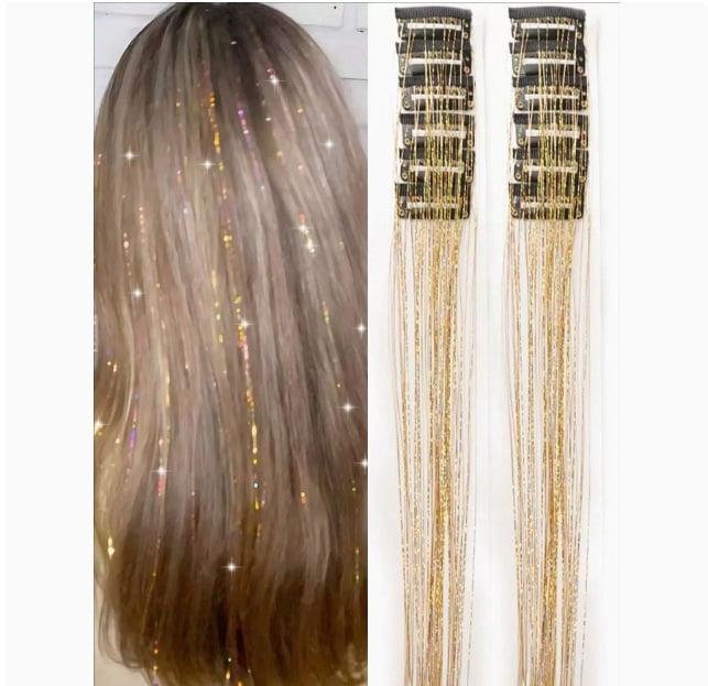 Pink glitter colored hair extensions seamless clip-on highlight wig for women gradient shiny braided hair bundle