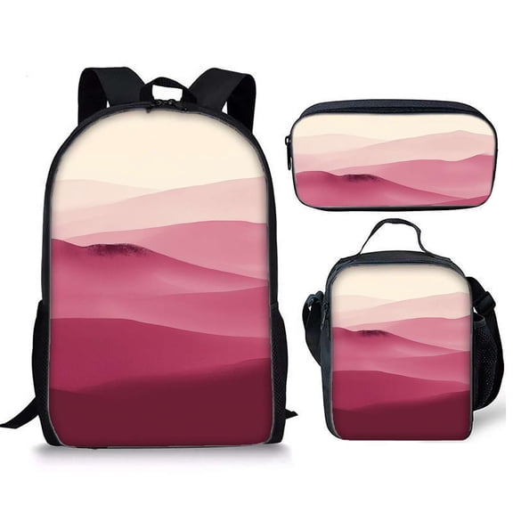 Pink hazy rolling hills Backpacks Bookbag Bags Rucksack Lunch Bag Pen Bag Three-Piece Set