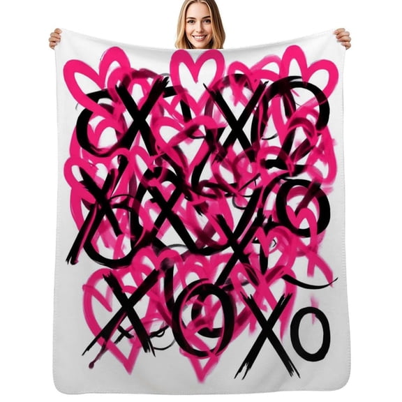 Pink hearts black Xs and Os Flannel Blanket Warm Soft Bedding Throws Winter Camping Chair Sofa Bed