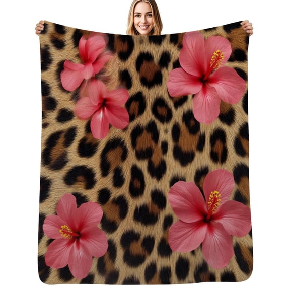 Pink hibiscus leopard print textile Flannel Blanket Warm Soft Bedding Throws Winter Camping Chair Sofa Bed