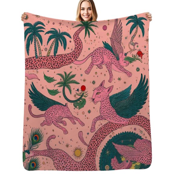 Pink leopards flying palm trees Soft Blanket Travel Bedding Throws Flannel Bedspread Sofa Bed Cover