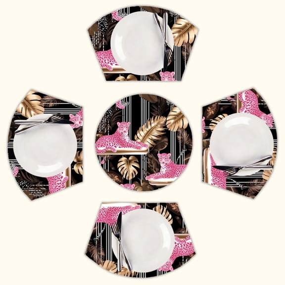 Pink leopards gold leaves black stripes Round Table Placemats Set Of 5 Wedge Table Mats Washable Heat Resistant Place Mat For Dining Table Kitchen Farmhouse Restaurant