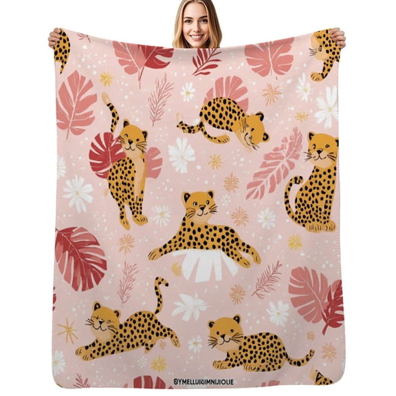 Pink leopards tropical leaves flowers Soft Blanket Travel Bedding Throws Flannel Bedspread Sofa Bed Cover