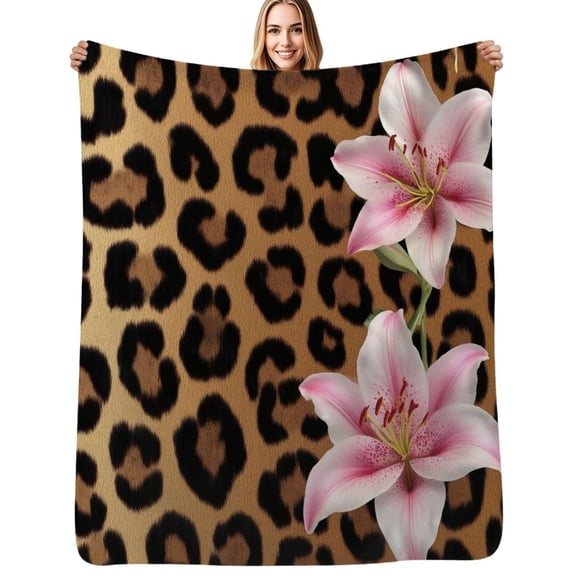 Pink lilies leopard print background Flannel Blanket Warm Soft Bedding Throws Winter Camping Chair Sofa Bed