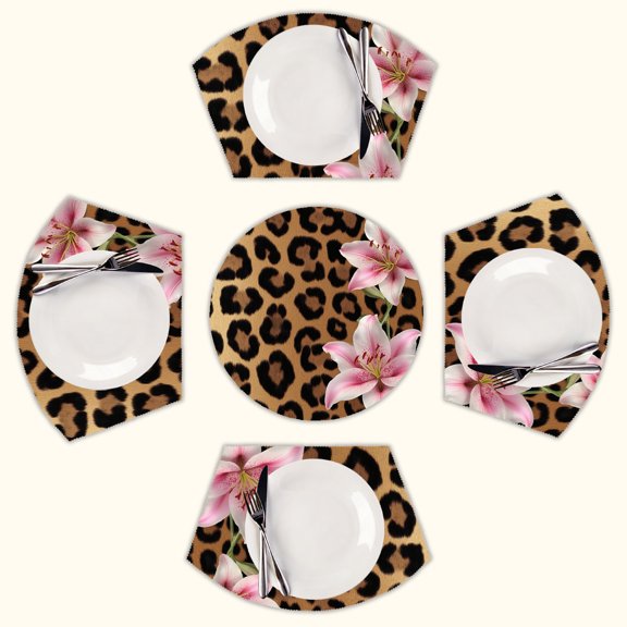 Pink lilies leopard print background Round Table Placemats Set Of 5 Wedge Table Mats Washable Heat Resistant Place Mat For Dining Table Kitchen Farmhouse Restaurant