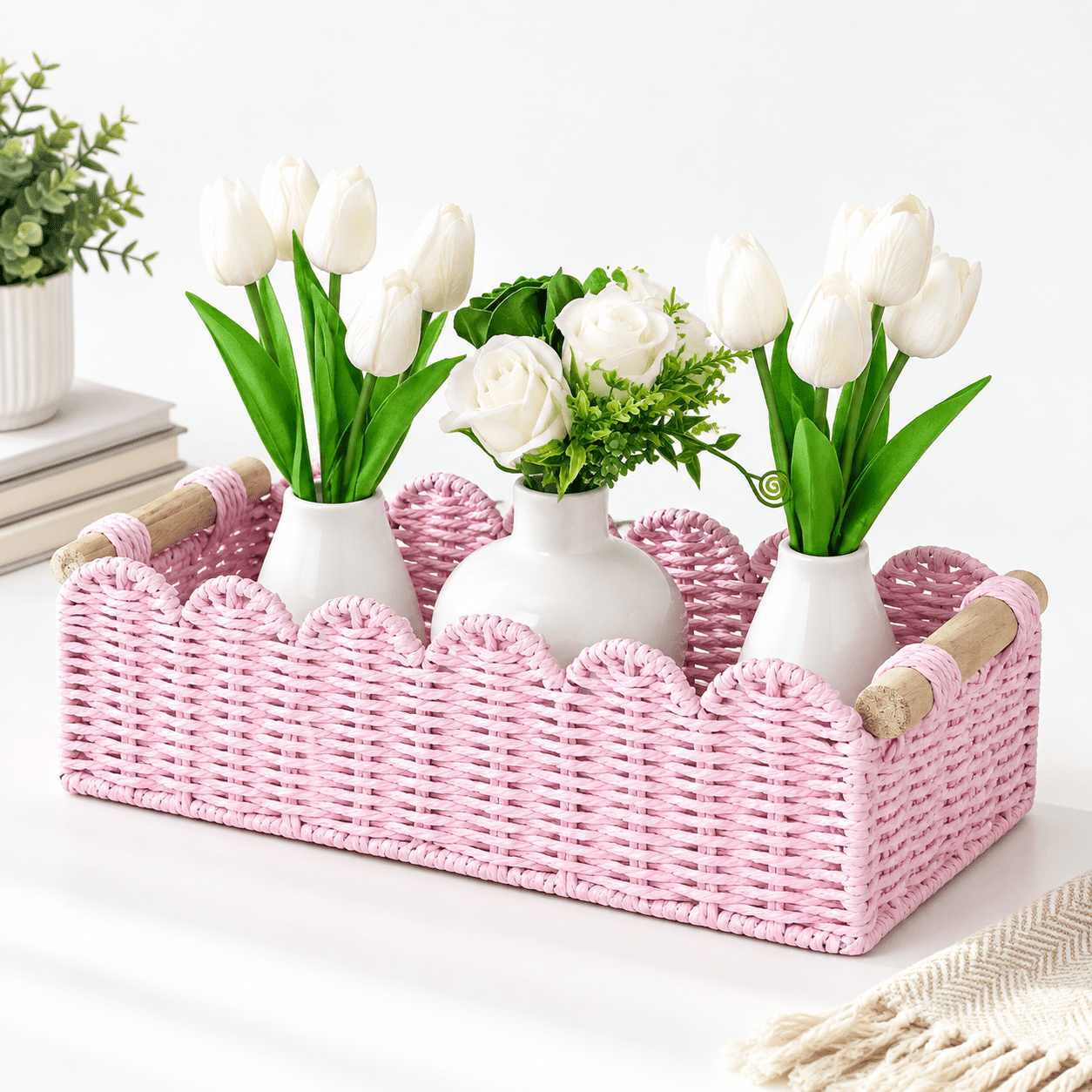 Pink m - 14 X 6.3 X 3.9in Scalloped Edge Paper Rope Empty Gift Storage ...