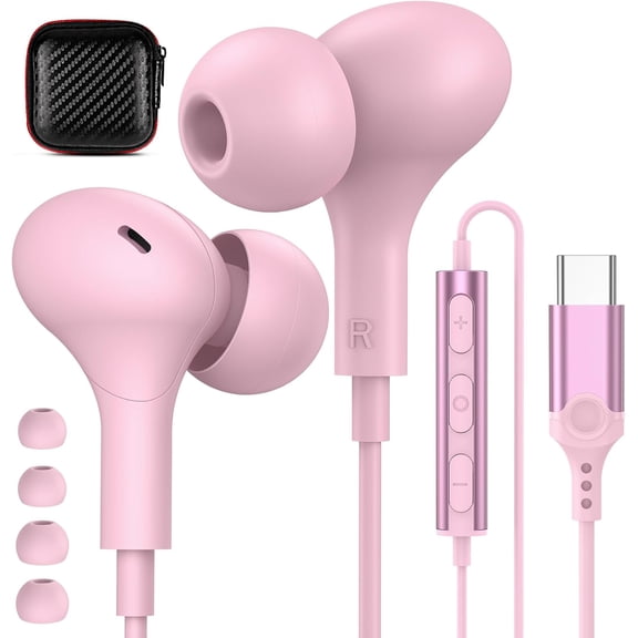Pink magnetic Type-C wired noise canceling in-ear earphones with built-in microphone, compatible with iPhone 15/16/17 Plus, iPad 10, Samsung S20/S21/S22/S23/S24/S25/S26 Ultra and Pixel 8a