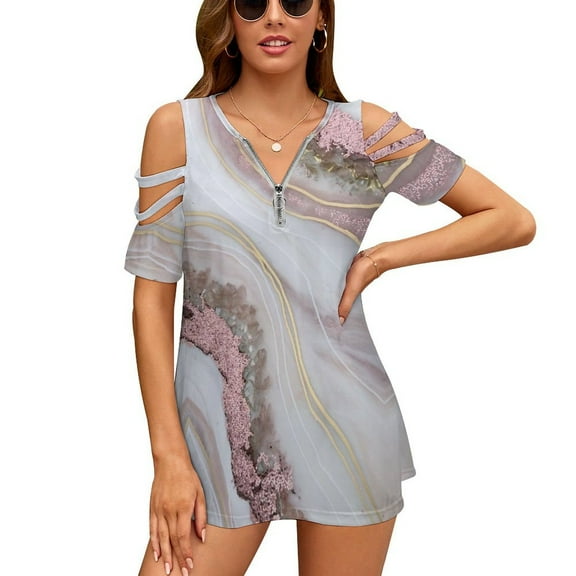 Pink marble Womens Summer V Neck Zipper Top Short Sleeve T Shirt Off Shoulder Top Casual Classy Loose Shirts