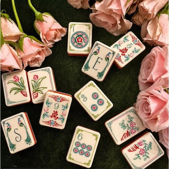 Pink mother-of-pearl American Mahjong set - Retro style design. 160 acrylic mahjong tiles. Suitable as a gift for family gatherings.