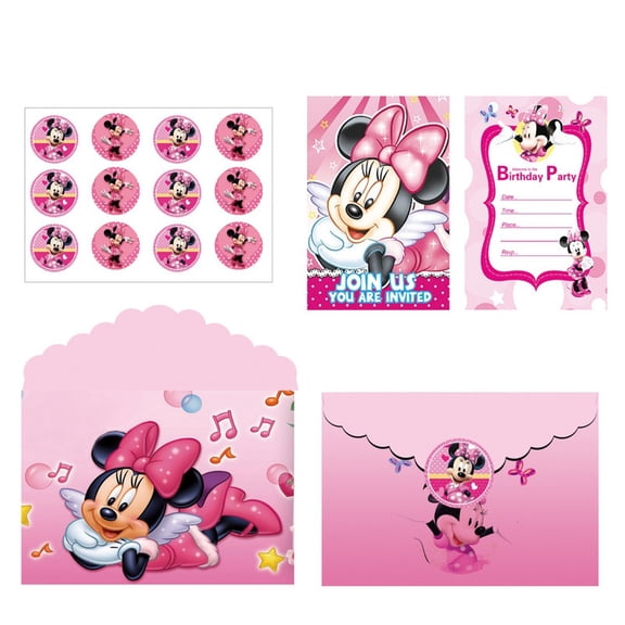 Pink mouse-themed invitation cards (12 cards per set, including envelope), cartoon mouse greeting cards, birthday party invitations, cartoon mouse stickers, party supplies, Christmas gifts