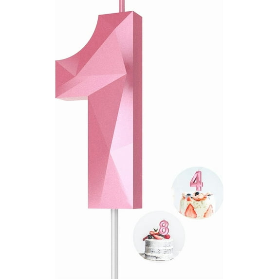 Pink number 1 candle, 1 birthday candle, 3D Diamond Birthday Number Candles are suitable for digital candle cake topper decorations for weddings, anniversaries and birthday celebrations.