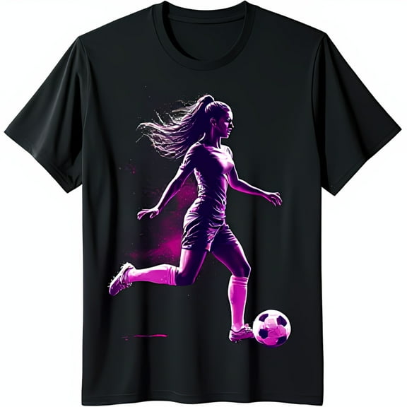 Pink of Female Soccer Player on Black T-Shirt for Fans