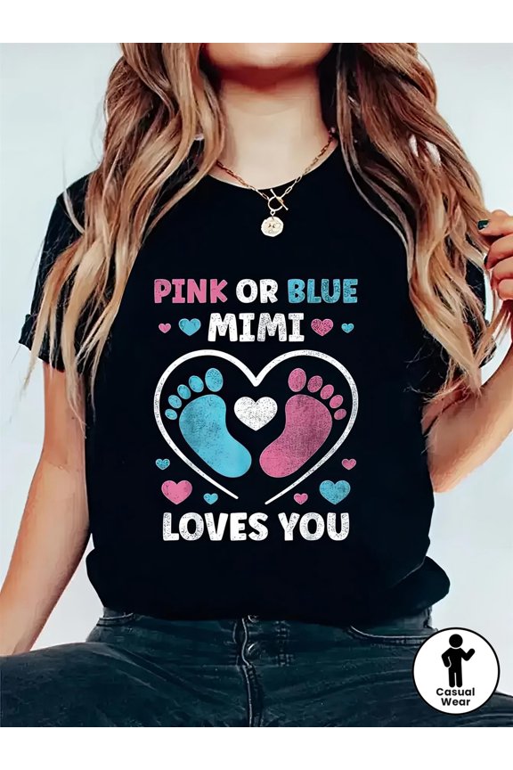 Pink or Blue Mimi Loves You Gender Reveal Pregnancy Announcement T-Shirt - Retro Heart Footprints Grandma Casual Wear Tee