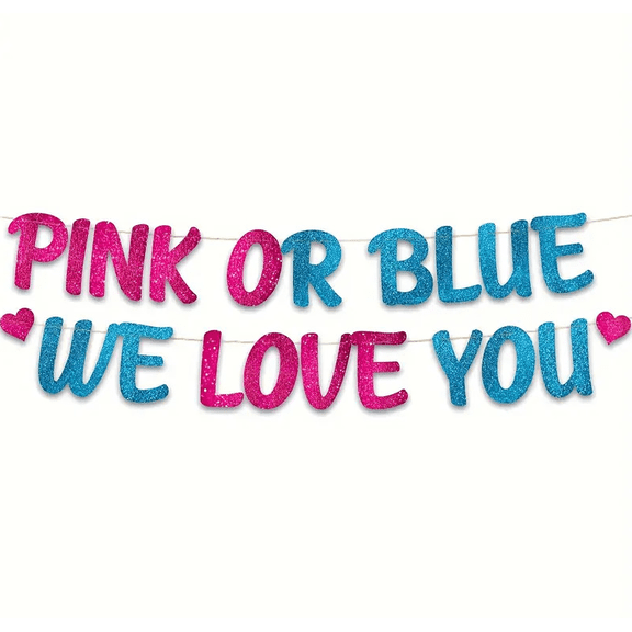 Pink or Blue We Love You Glitter Banner, Gender Reveal Party Decoration, Pink and Blue