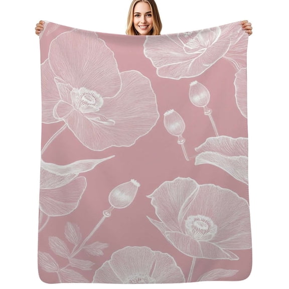 Pink poppy floral pattern design Flannel Blanket Warm Soft Bedding Throws Winter Camping Chair Sofa Bed