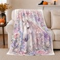 thumbnail image 1 of Pink ribbon white horse floral Flannel Blanket cozy pastel equine artwork Home Decor for couch bedroom nursery nook, Mother's Day Gift for horse lovers and moms, 1 of 9