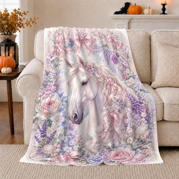 Pink ribbon white horse floral Flannel Blanket cozy pastel equine artwork Home Decor for couch bedroom nursery nook, Mother's Day Gift for horse lovers and moms