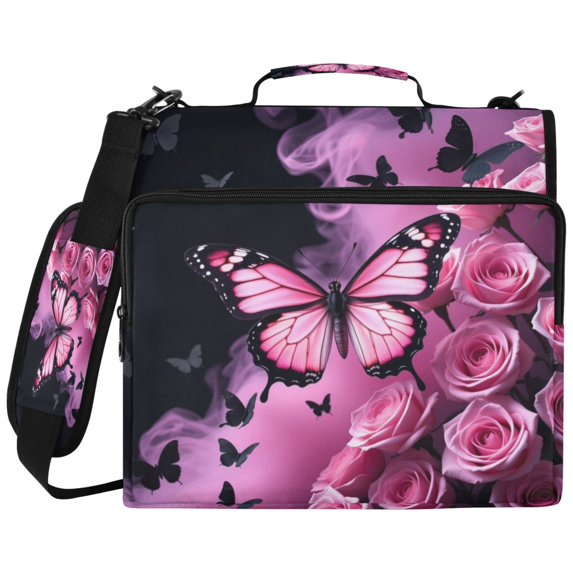 Pink-rose Butterflies Printed Zipper Binder with Handle&Shoulder Strap 2 inch 3 Ring 500+300 Sheet Capacity File Folder Organizer