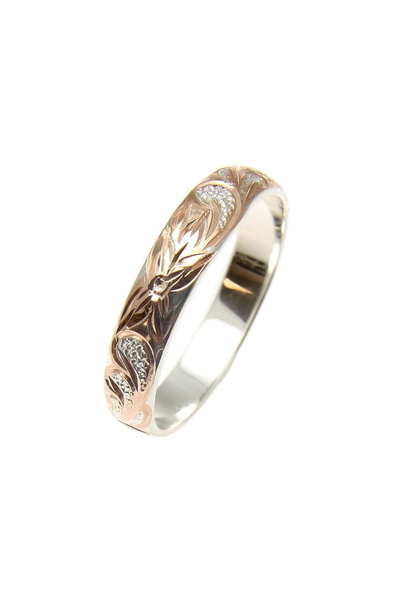 Pink rose gold plated sterling silver 925 Hawaiian plumeria scroll 4mm band ring size 10.5