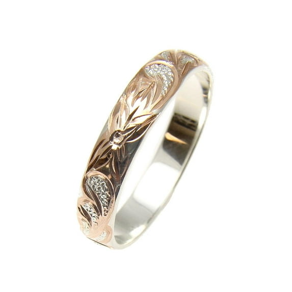 Pink rose gold plated sterling silver 925 Hawaiian plumeria scroll 4mm band ring size 10.5