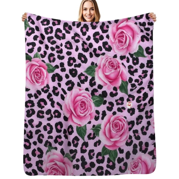 Pink roses leopard print fabric Soft Blanket Travel Bedding Throws Flannel Bedspread Sofa Bed Cover