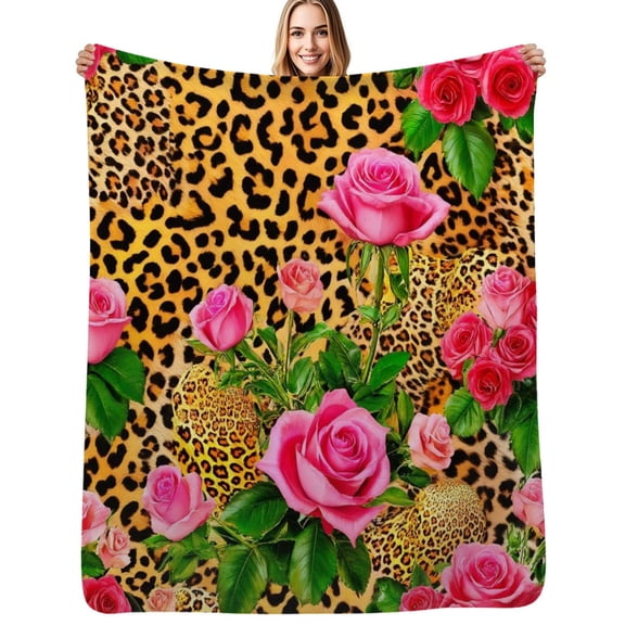 Pink roses leopard print fabric Soft Blanket Travel Bedding Throws Flannel Bedspread Sofa Bed Cover