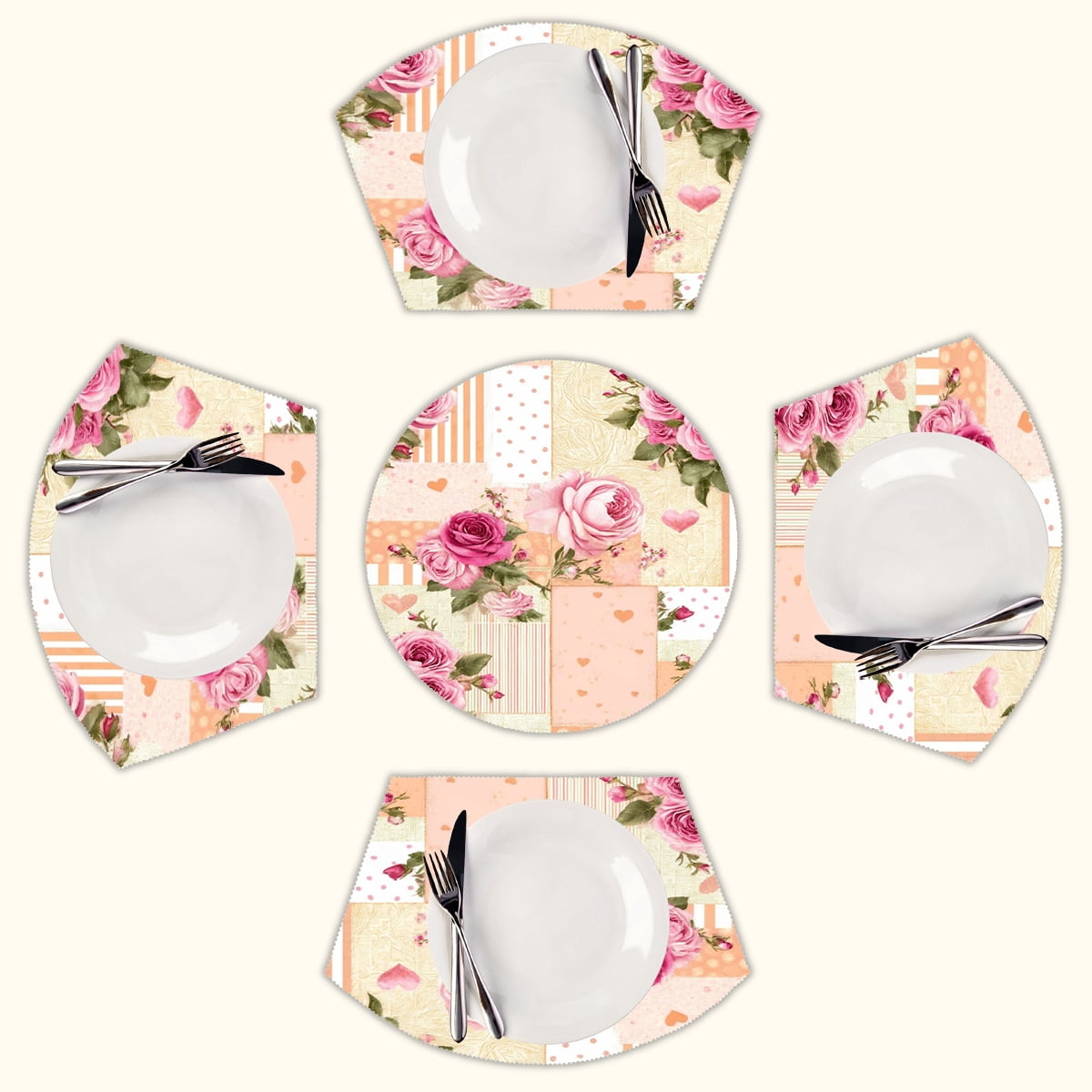 Pink roses patchwork hearts design Round Table Placemats Set Of 5 Wedge ...