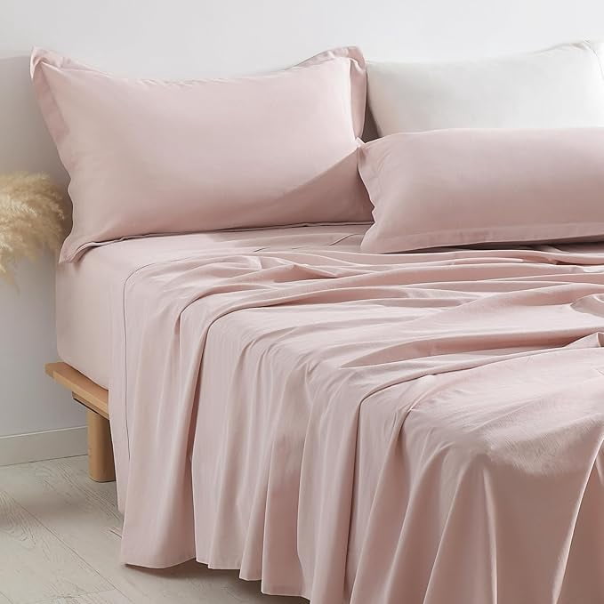 Pink Roses Sheets Pink roses plus double bed 4-piece set, linen textured cotton blend ...