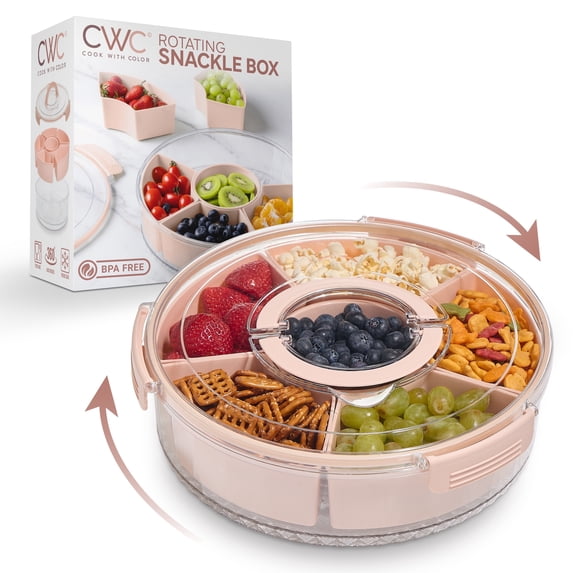 COOK WITH COLOR Round Snackle Box – 6-Compartment Serving Tray with Lid and Handle, Pink – Kids Lunch Box & Meal Prep Snack Container