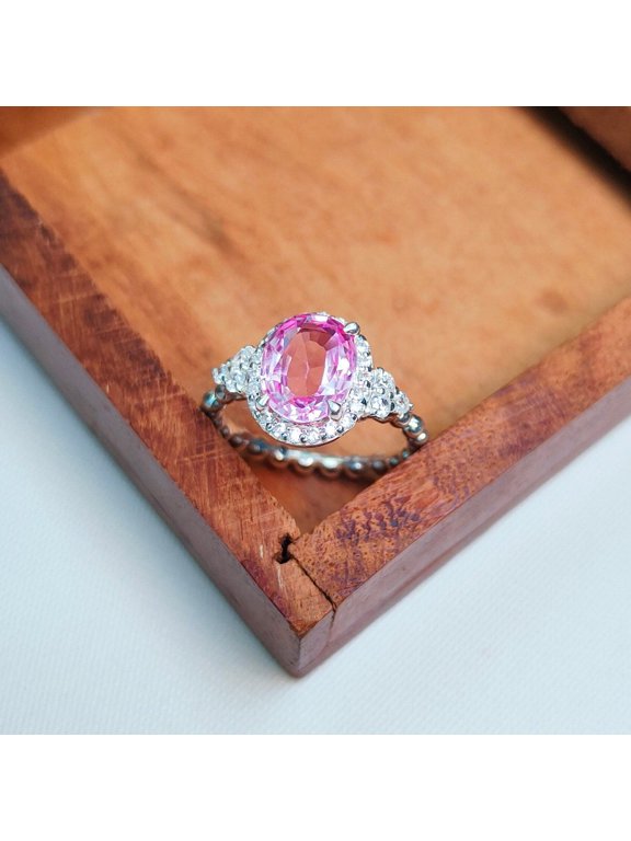 Oval Cut Halo Pink Sapphire Ring 5 ct. t.w. 925 Sterling, Sterling Silver Band For Beloved
