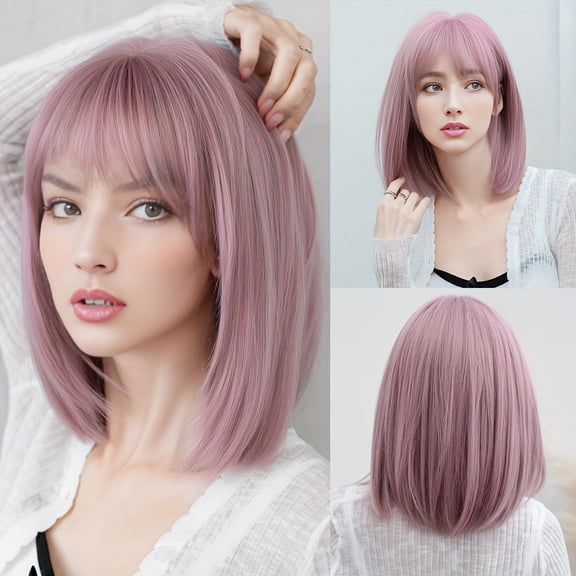 Pink short straight bob wig with bangs - high-density heat-resistant synthetic fiber, rose mesh cap, suitable for women, natural look, everyday wear, short hair wig, heat-resistant hair extension.