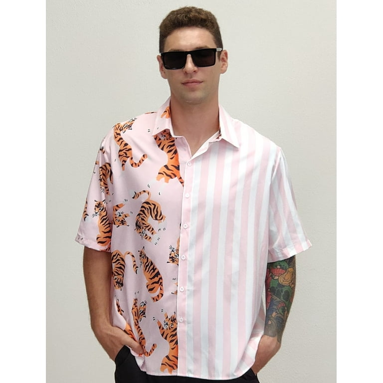 Pink striped retro casual button-top men's short-sleeved Pink striped retro casual button-top men's short-sleeved