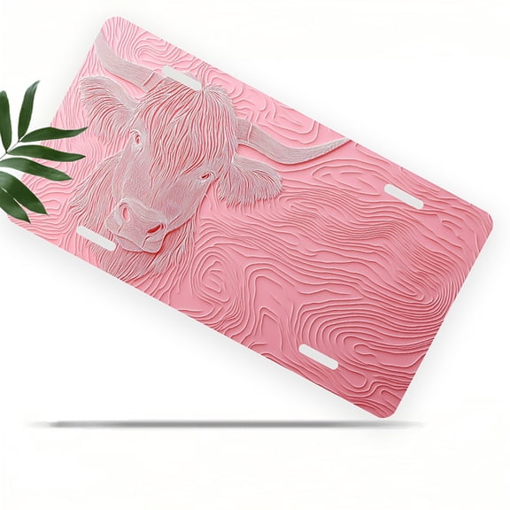 Pink textured Highland Cow Front License Plate, Metal License Plate, Funny Standard Plates Personalized Novelty Decorative For Men/Women/Boys/Girls Car 6×12 Inch
