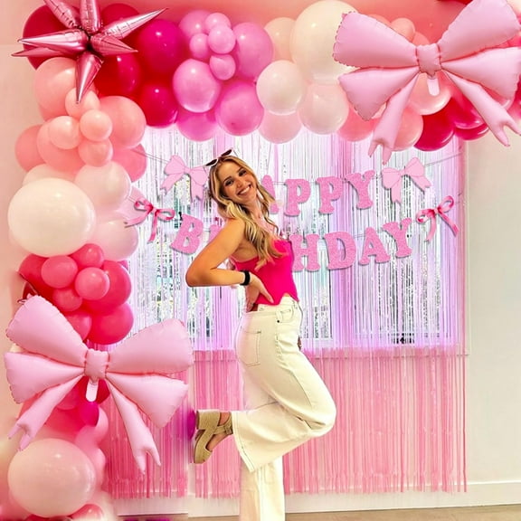 Pink-themed birthday party balloon decoration set - Sweet and girly large bow balloon backdrop decoration