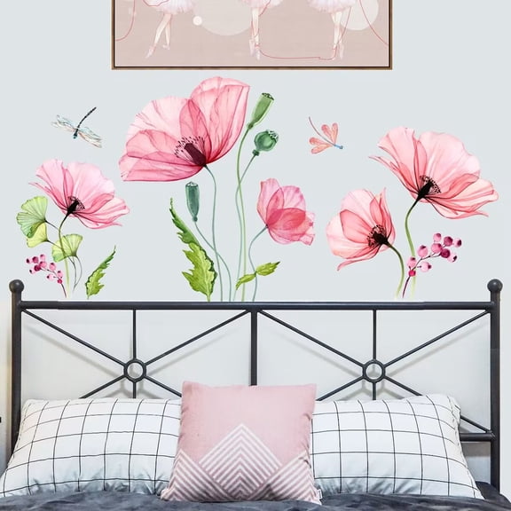 Pink transparent flower stickers, flower Wall stickers, green leaf stickers, children's room, bathroom stickers, door, bathroom stickers Peel and Stick Wall Art Decals