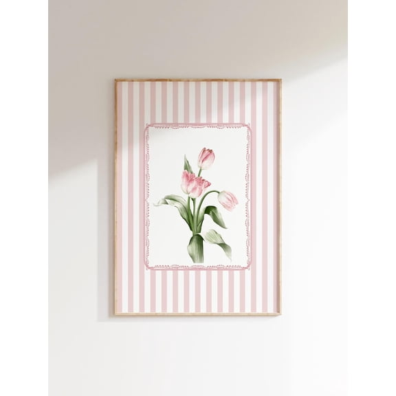 Pink tulips art Poster cottagecore floral stripe pastel girly flower wall Poster, Poster, Poster Only