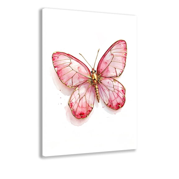 Pink watercolor butterfly print with gold accents on canvas wall art, minimalist and elegant print, suitable for modern and romantic home décor poster frames.