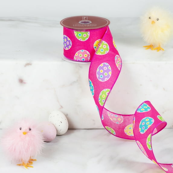 Northlight Easter Egg Design Wired Spring Craft Ribbon - 2.5" x 10 Yards - Pink