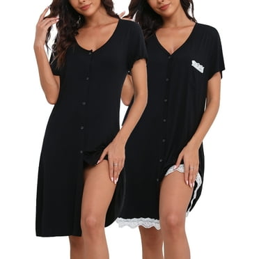 PinkBeautiM 2 Pack Women Button Nightgowns V Neck Nightshirt Lace Sleep Dress Comfy Sleepwear with Pocket