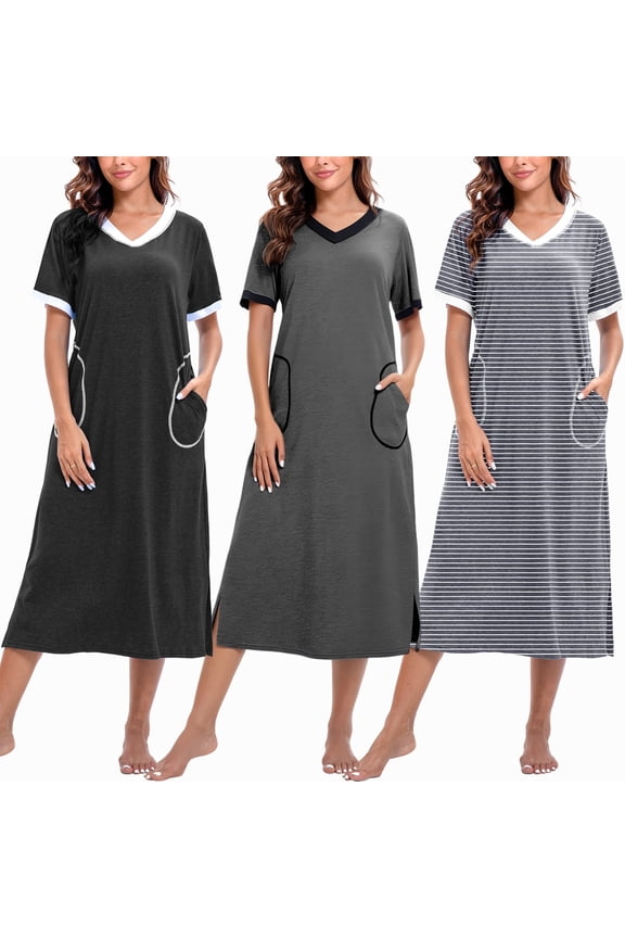 3 Pack Long Nightgowns for Women Short Sleeve Sleepwear V Neck Sleep Shirt Loungewear with Pockets
