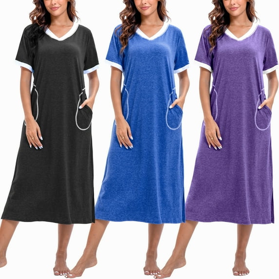 PinkBeautiM 3 Pack Long Nightgowns for Women Short Sleeve Sleepwear V Neck Sleep Shirt Loungewear with Pockets