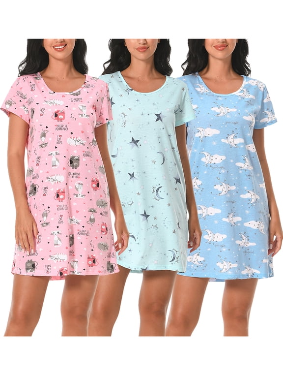 3 Pack Nightgowns for Women Cotton Casual Sleepshirts Short Sleeve Soft Sleepwear
