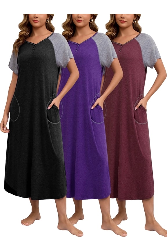 3 Pack Long Nightgowns for Women Short Sleeve Sleepwear V Neck Sleep Shirt Loungewear with Pockets