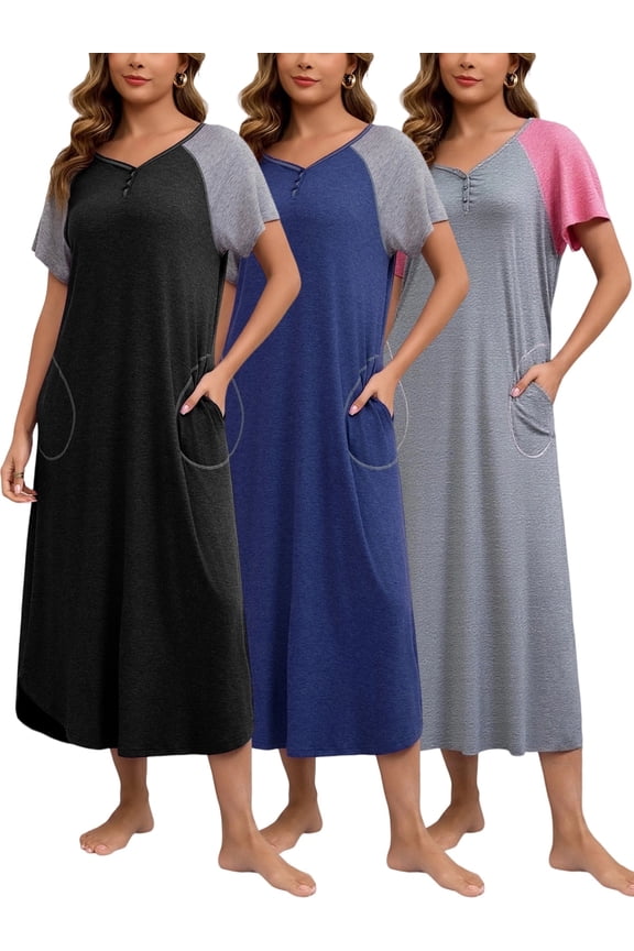 3 Pack Long Nightgowns for Women Short Sleeve Sleepwear V Neck Sleep Shirt Loungewear with Pockets