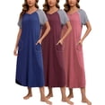 thumbnail image 1 of PinkBeautiM 3 Pack Long Nightgowns for Women Short Sleeve Sleepwear V Neck Sleep Shirt Loungewear with Pockets, 1 of 6