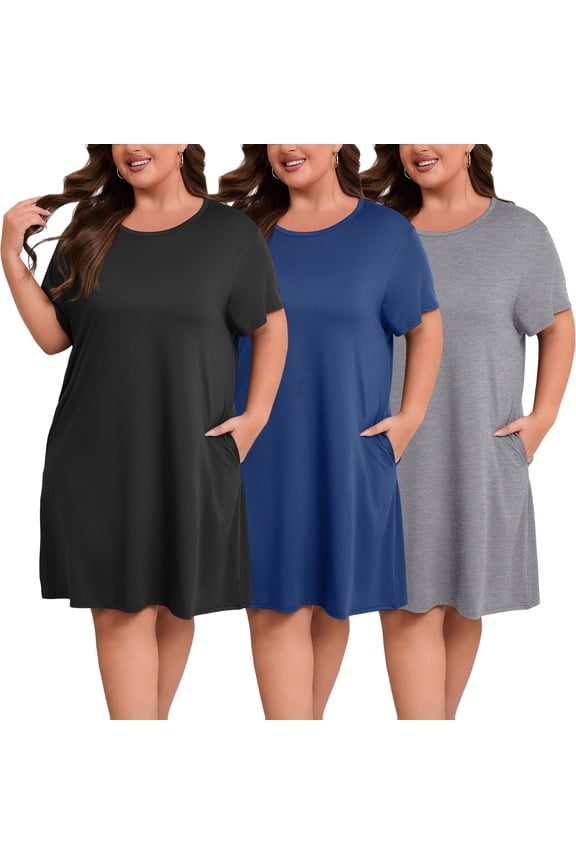 Nightgowns for Women Plus Size Print Pajama Dress Short Sleeves Sleepwear with Pockets 3 Pack