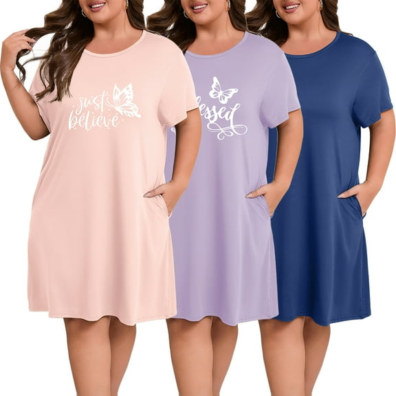 PinkBeautiM Nightgowns for Women Plus Size Print Pajama Dress Short Sleeves Sleepwear with Pockets 3 Pack